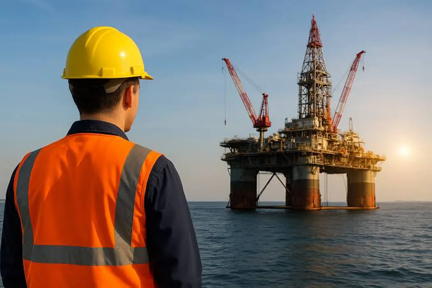 Profissional com colete refletivo e capacete observando uma plataforma de petróleo no mar